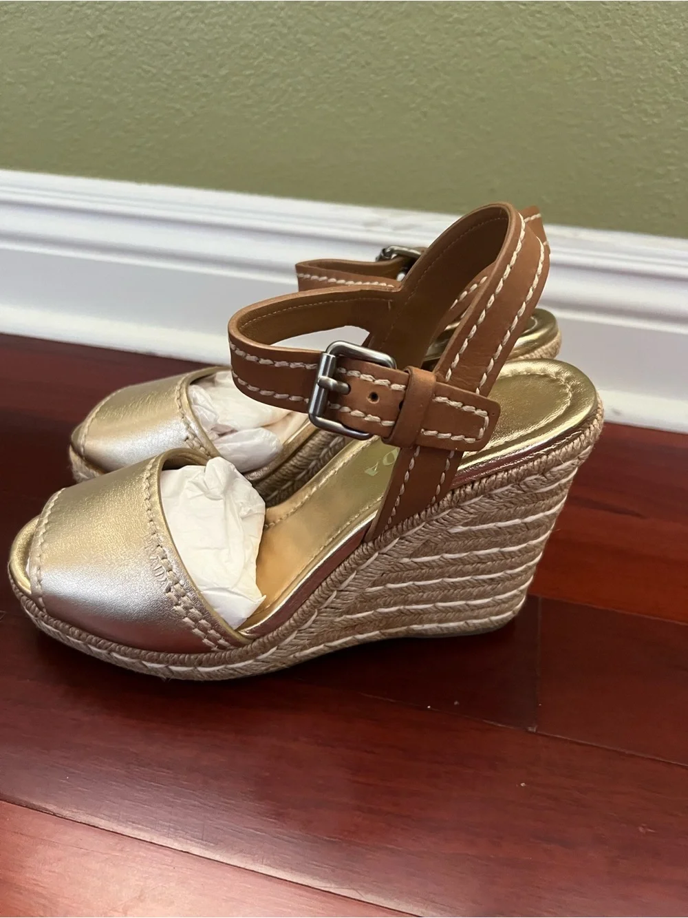 Prada Metallic Gold and Tan Leather Wedge Sandals